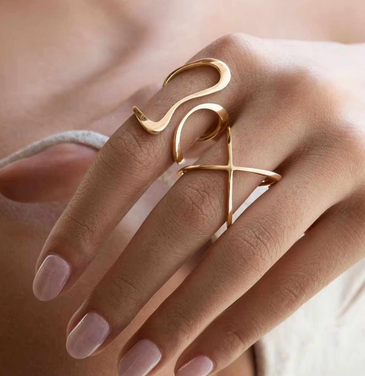 Abstract Gold Statement Rings Set