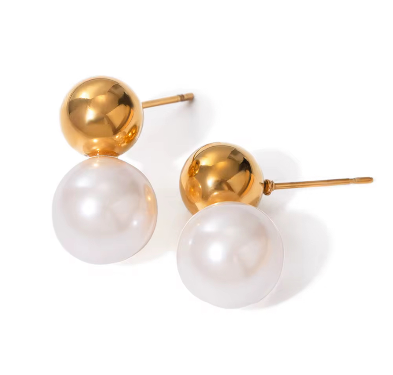 Dual-Sphere Pearl & Gold Stud Earrings - Image 3